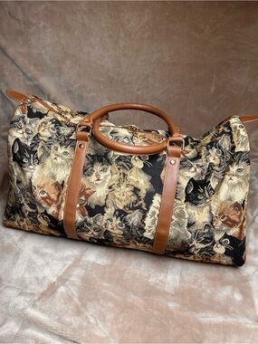 VINTAGE Brown and Grey Cat Tapestry Travel Luggage Carry-on Bag with Handles